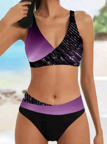 V Neck Bikini Set 2024 Women Stripe Print Patchwork Swimwear Summer Beachwear Swimsuit Female Bathers Bathing Swimming Suit 2XL