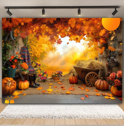Autumn Backdrop Maple Pumpkin Maple Leaves Forest Haystack Harvest Thanksgiving Baby Portrait Photography Background Photobooth