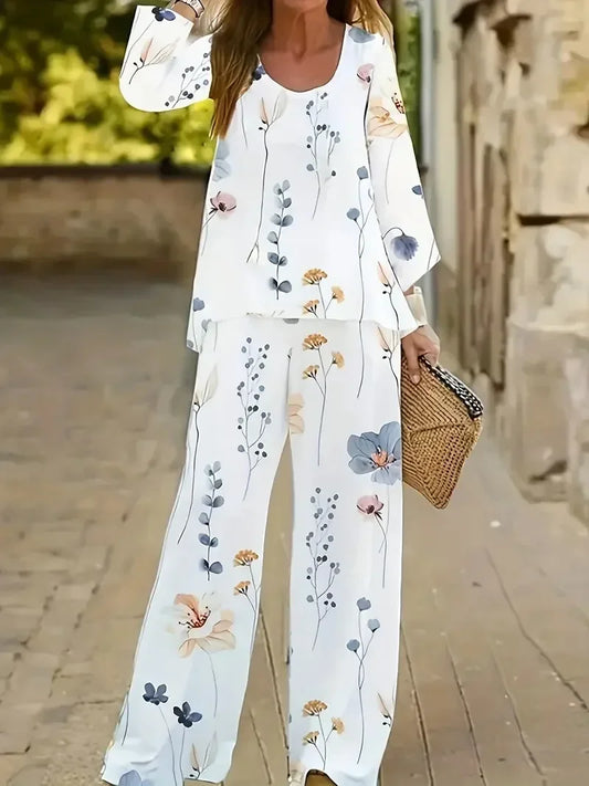 Women Plus Size 1XL-5XL Casual Outfits Set Floral Print Long Sleeve Round Neck Top Pants Outfits Two Piece Set