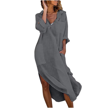 Autumn New Solid Color Cotton Linen Long DressV-neck Button Slit Pockets Loose Breathable Casual Temperament Elegant Shirt Dress