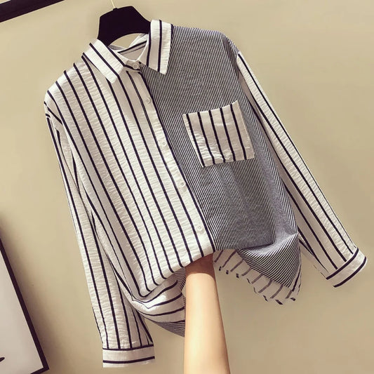 2025 Korean Summer Thin Trendy Striped Women's Shirt & Blouses Patchwork Pocket Loose Casual Office Lady Shirt Sweet Women's Top