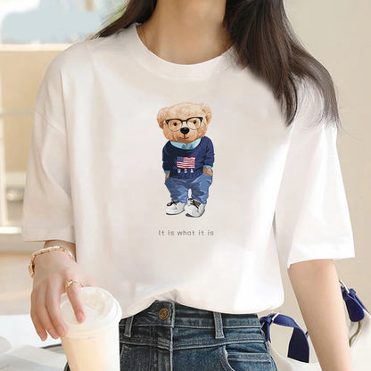 2024 Summer casual cartoon Bear print crew neck Short sleeve T-shirt Women's fashion oversized Y2K splicing loose T-shirt top