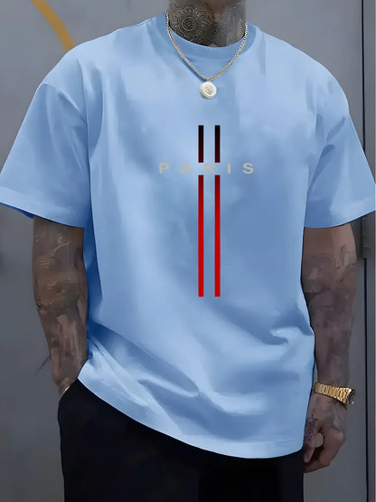 Summer men's 100% pure cotton casual loose fit plus size PARIS letter pattern printed round neck short sleeved T-shirt top