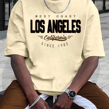 Summer men's 100% cotton comfortable casual loose plus size LOS ANGELES printed sports round neck short sleeved T-shirt top