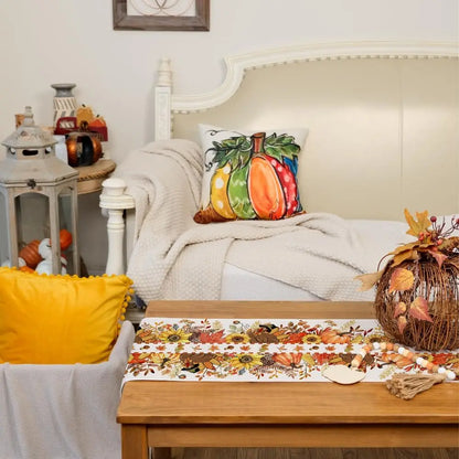 Thanksgiving Fall Turkey Pumpkin Floral Linen Table Runner for Autumn Kitchen Wedding Party Table Decor Thanksgiving Decorations