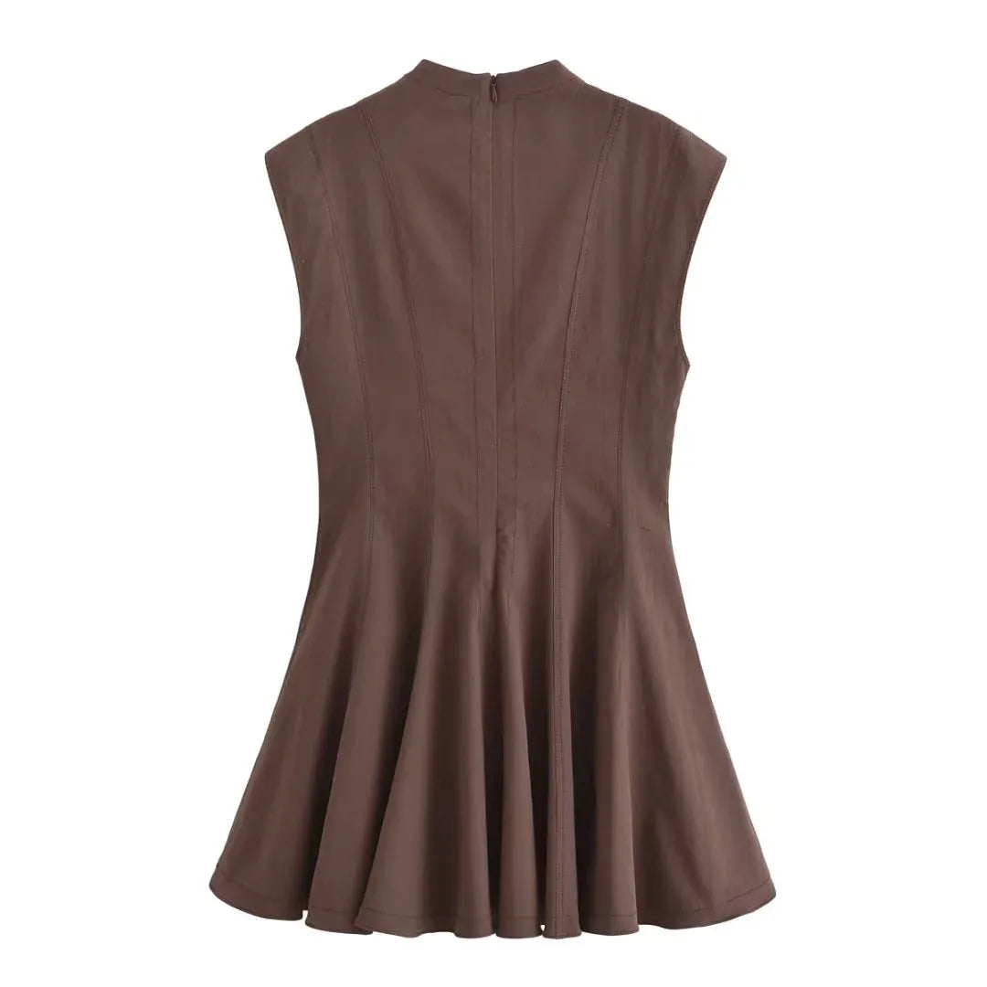2025 Women Fashion Ruched Short Dress Sleeveless Stand Collar Fold Back Zip Mini Dress Chic Female Evening Party Dresses