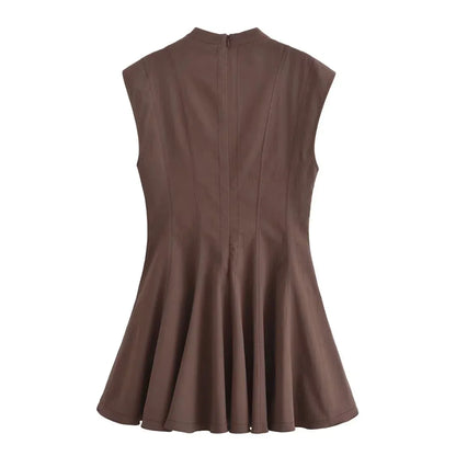 2025 Women Fashion Ruched Short Dress Sleeveless Stand Collar Fold Back Zip Mini Dress Chic Female Evening Party Dresses