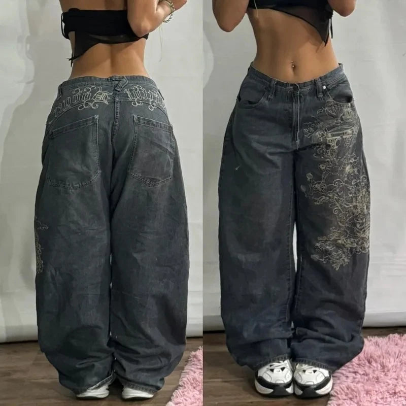Streetwear Fashion Blue Washed Flowers Embroidered Baggy Jeans Women Y2K Harajuku Vintage Hip Hop Casual Slim High Waisted Jeans