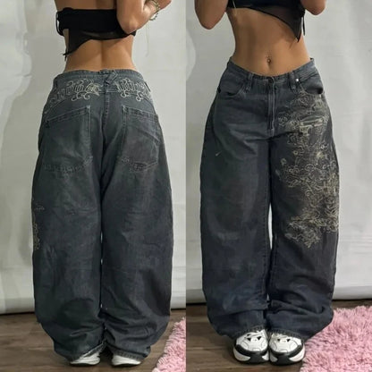 Streetwear Fashion Blue Washed Flowers Embroidered Baggy Jeans Women Y2K Harajuku Vintage Hip Hop Casual Slim High Waisted Jeans