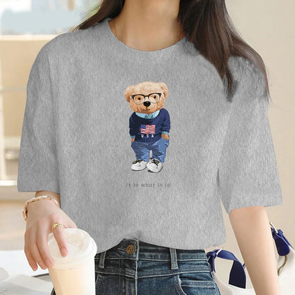 2024 Summer casual cartoon Bear print crew neck Short sleeve T-shirt Women's fashion oversized Y2K splicing loose T-shirt top