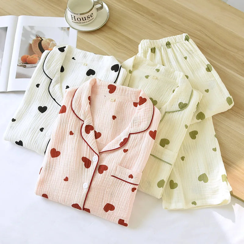 2025 New Spring and Autumn Women's Pajama Set 100% Cotton Crepe Long Sleeve Long Pants Two Piece Set Love Sweet Home Clothes