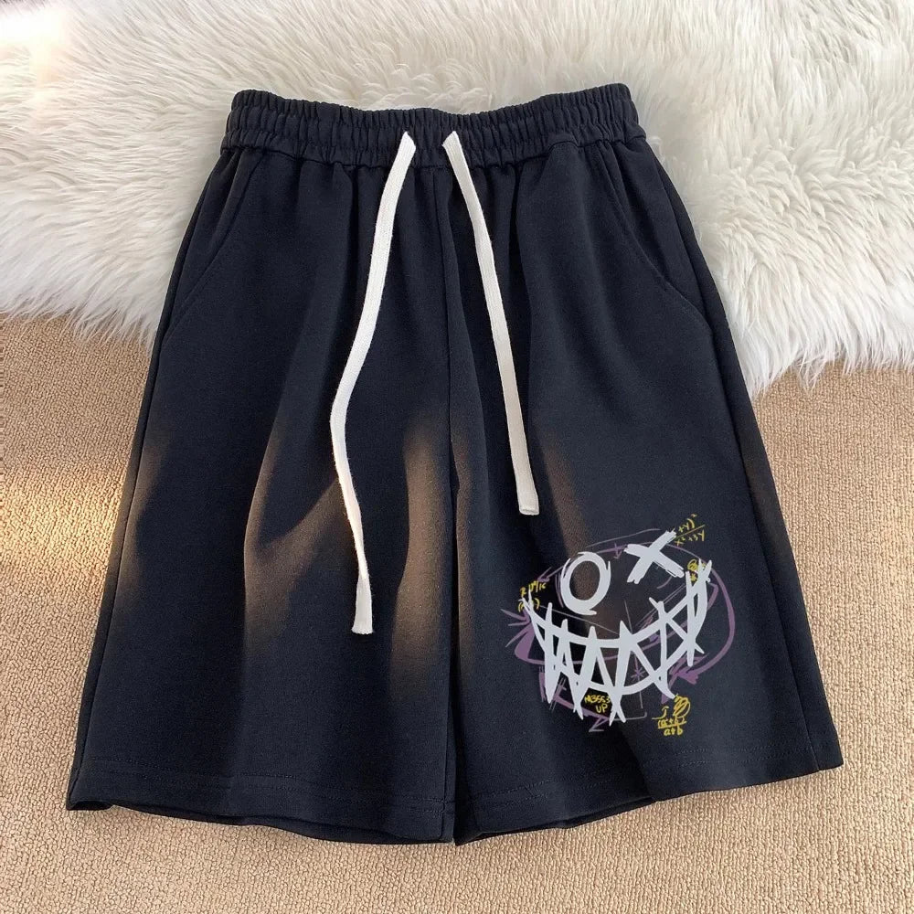 2025 The Latest Cotton Fabric Shorts Men's and Women's Summer Loose Devil Print Casual All-match Five Point Pants Simple