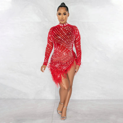 2022 Summer Fashion Sexy Tassel Mesh Embroidered Dress Women Irregular Short Skirt Mid-waist