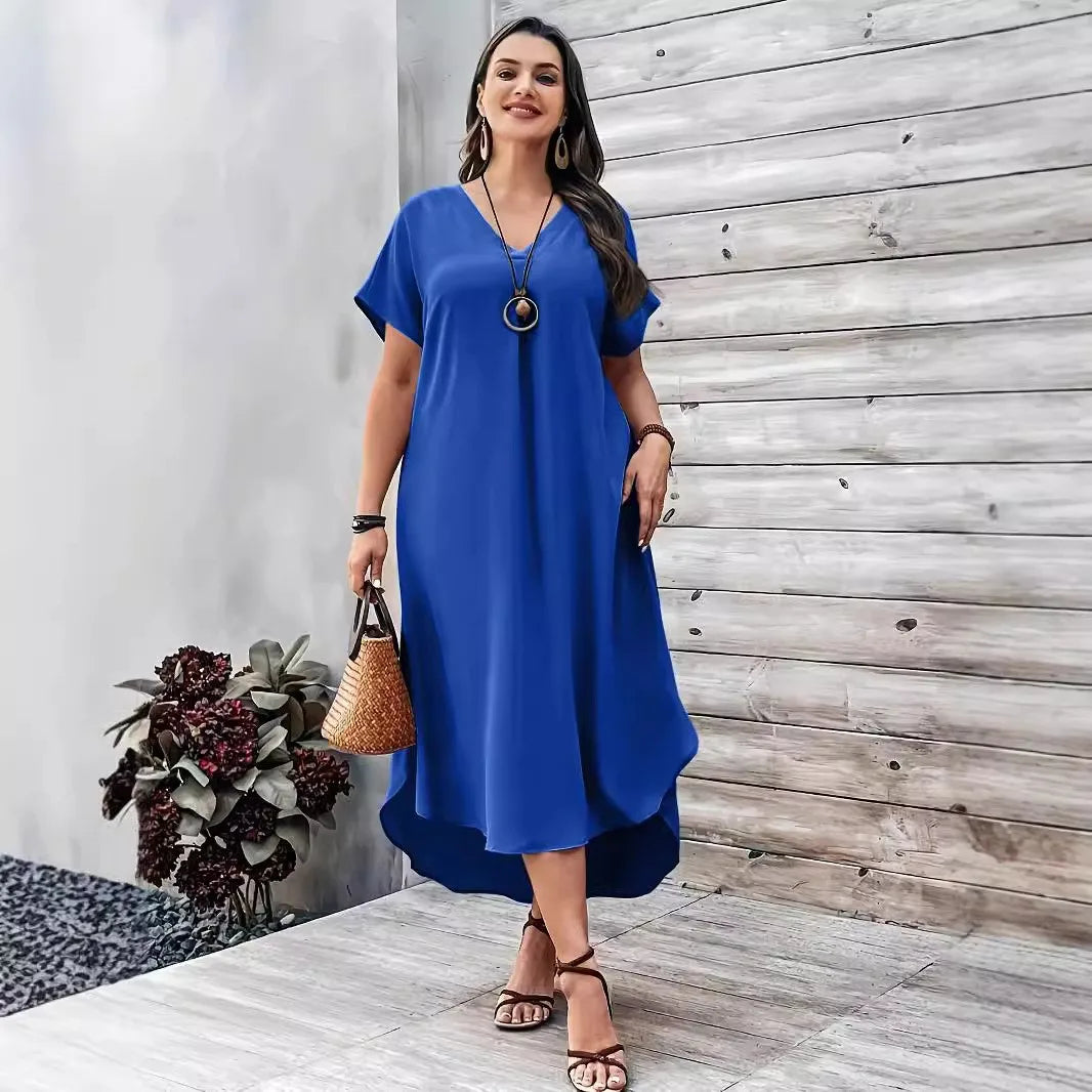 2024 Spring and Summer Cross border European and American New Large Women's Fashion Casual V-neck Dress for Women Plus Size