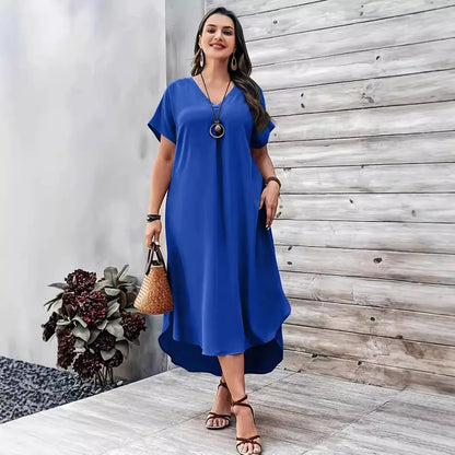 2024 Spring and Summer Cross border European and American New Large Women's Fashion Casual V-neck Dress for Women Plus Size