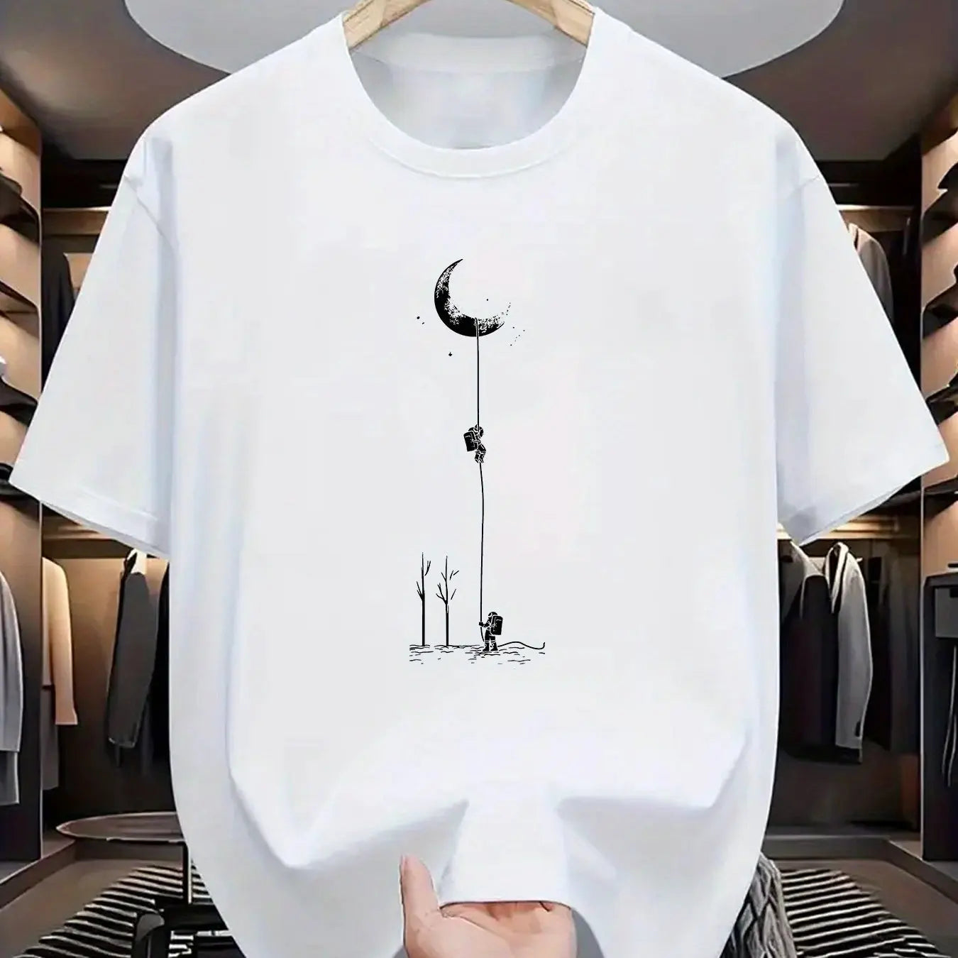 Summer men's 100% pure cotton casual loose fit plus size moon landing pattern printed round neck short sleeved T-shirt top