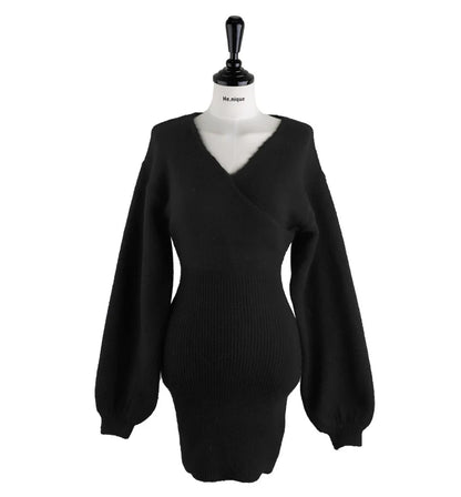 2023 Spring Autumn Sexy Cross V-neck Wrap Hip Dresses Women's Knitted Sweater Dress Fashion Tight Short Dress