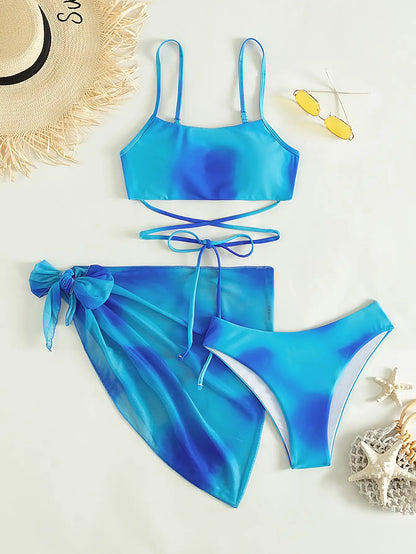 3 Pieces Ombre Lace Up Bikini Swimsuit & Beach Skirt Sexy Swimwear Women 2025 Bathing Swimming Swim Suit Female Summer Beachwear