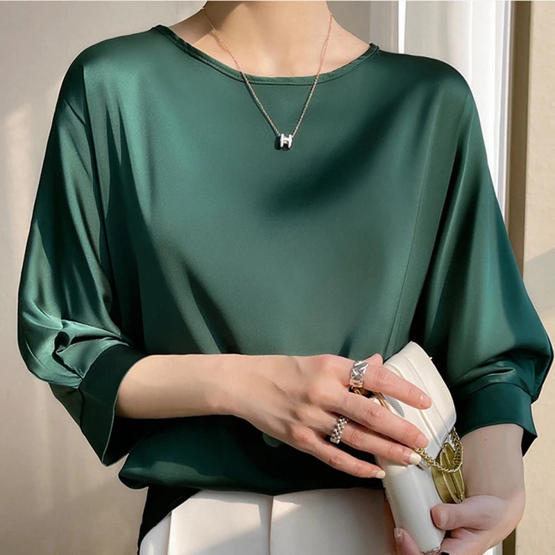 2025 New In Summer Satin Silk Half-Sleeve Tee Tops Basic Solid Women‘s T-Shirt Casual O-neck Thin Shirts Ladies Loose Blouses