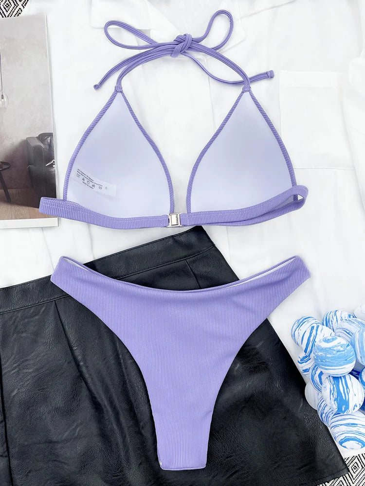 2025 Halter Bra Cup Bikini Sexy Swimsuit Female White Swimwear Women Push up Bikini set Brazilian Bathing Suit Bandeau Swim suit