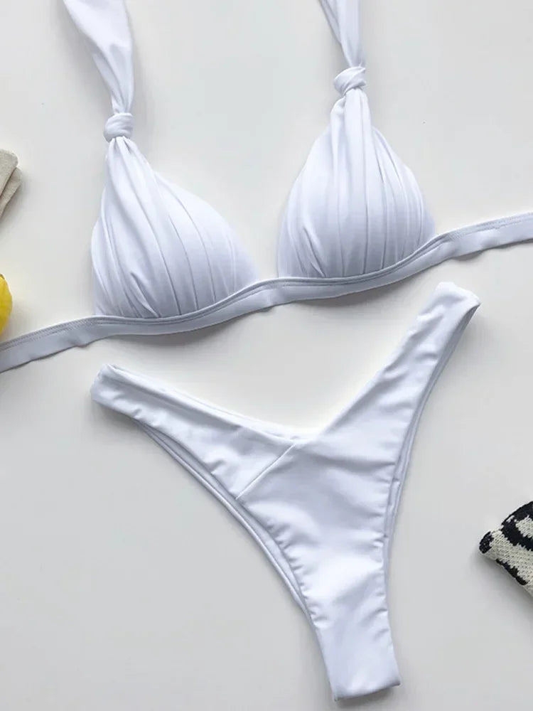 2025 Halter Bra Cup Bikini Sexy Swimsuit Female White Swimwear Women Push up Bikini set Brazilian Bathing Suit Bandeau Swim suit