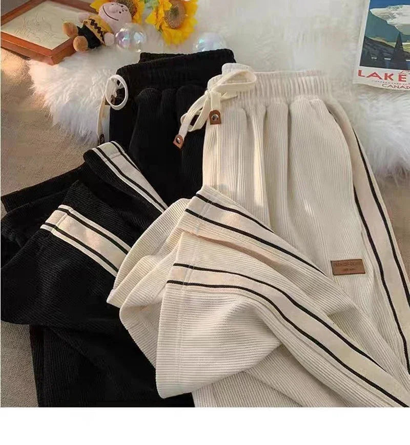 2024 Corduroy Striped Sweatpants Women Streetwear Thick Wide Leg Pants Y2K Harajuku High Waist Joggers Korean Baggy Trousers