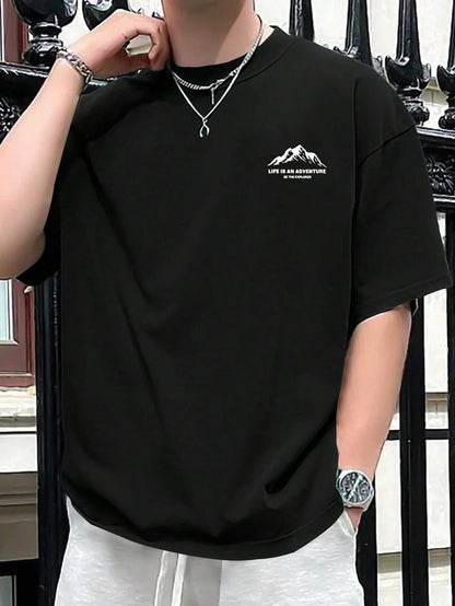 Summer men's 100% pure cotton casual loose plus size Letter And Mountain pattern printed round neck short sleeved T-shirt top