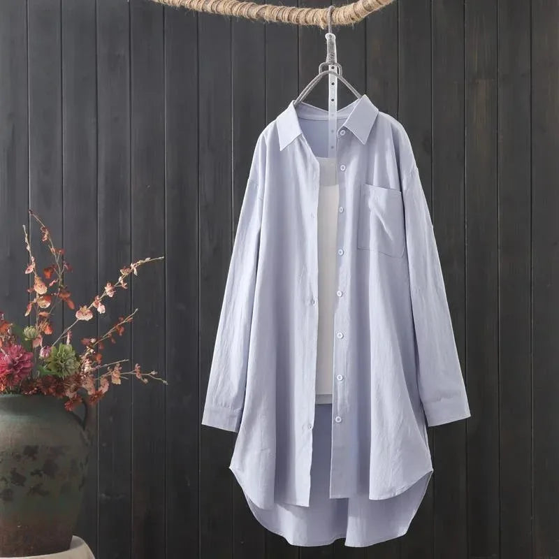 White Shirt Women 2024 Spring Summer Korean Fashion Simple Solid Color Long Shirts Lady Loose Breathable Midi Shirt and Blouse