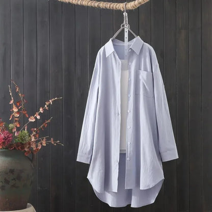 White Shirt Women 2024 Spring Summer Korean Fashion Simple Solid Color Long Shirts Lady Loose Breathable Midi Shirt and Blouse