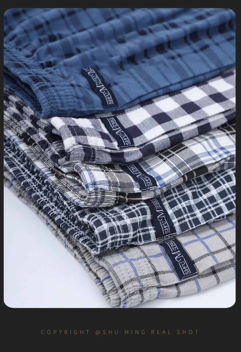 4pcs Male Arrow Pants Men Cotton Plaid Boxers Shorts Loose Mid-Waisted Men's Plus Size Underwear Homewear Comfortable Panties