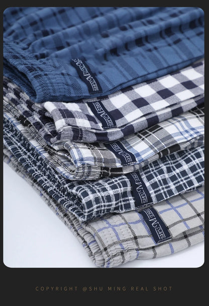 4pcs Male Arrow Pants Men Cotton Plaid Boxers Shorts Loose Mid-Waisted Men's Plus Size Underwear Homewear Comfortable Panties