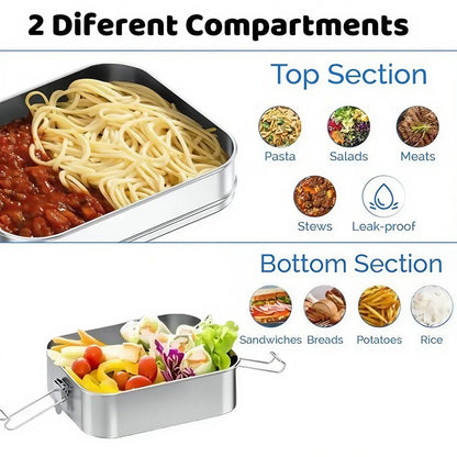 2 Layer Stackable Bento Lunch Box for Kids & Adults, 1400ml Stainless Steel Food Storage Container for School, Work & Travel