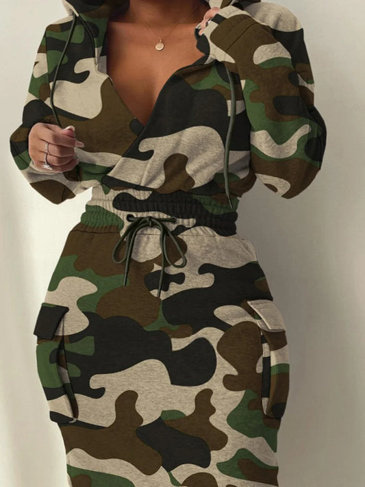 4XL 5XL LW Plus Size Camo Print Side Pocket Design Cargo Dress New In Women Spring Hooded Collar Full Print Knee Length Dresses