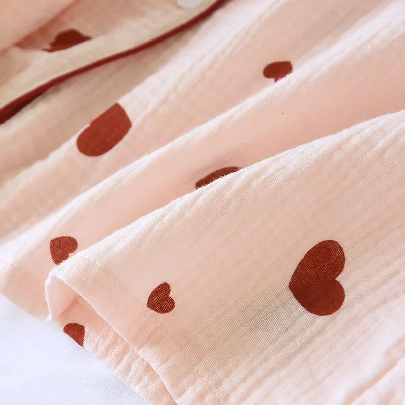 2025 New Spring and Autumn Women's Pajama Set 100% Cotton Crepe Long Sleeve Long Pants Two Piece Set Love Sweet Home Clothes