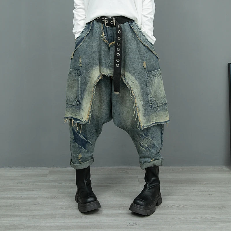 (No Belt)Women Streetwear Pants Set Plus Size White Tassels Tees +2 In 1 Cross Pants Novelty High Street Matching Wear Suit