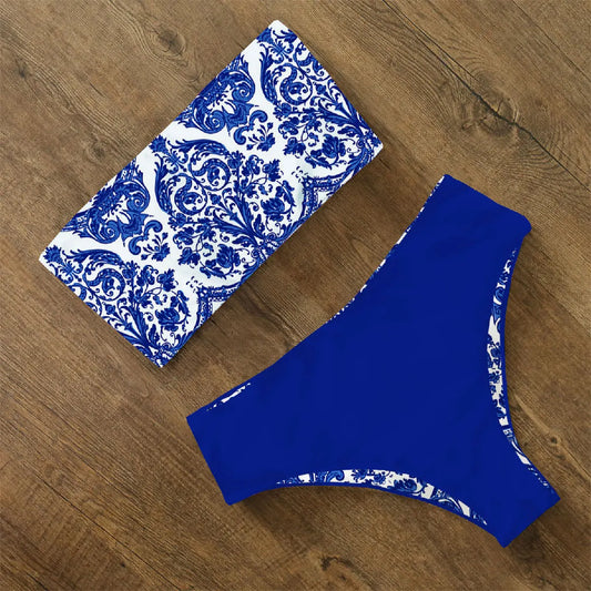 2024 New Sexy Low Hight Bikini Set Swimwear Women Bandeau Female Print Floral Strappy Swimsuit Bathing Suit Beach Wear Biquini