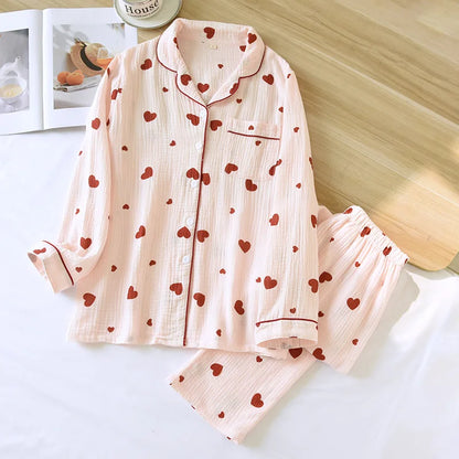 2025 New Spring and Autumn Women's Pajama Set 100% Cotton Crepe Long Sleeve Long Pants Two Piece Set Love Sweet Home Clothes