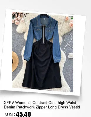 XFPV 2025 Summer Fashion Short Sleeve Round Neck High Waistband Slim A-line Denim Printed Patchwork Dress For Women SM11498