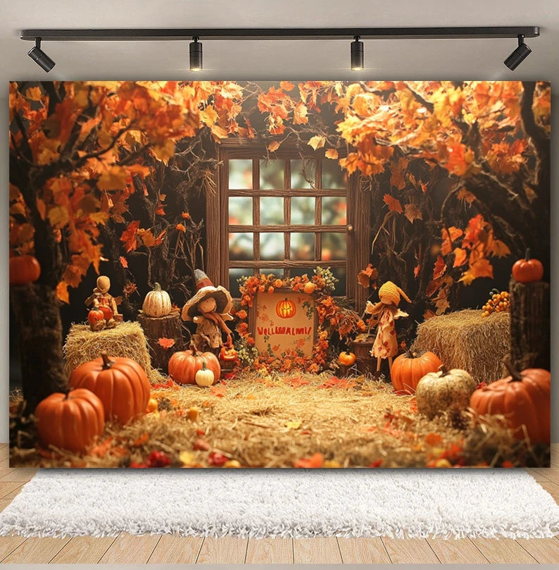Autumn Backdrop Maple Pumpkin Maple Leaves Forest Haystack Harvest Thanksgiving Baby Portrait Photography Background Photobooth