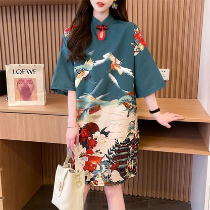 Summer Chinese Style Vintage Printing T-shirt Mini Dress Ladies Short Sleeve Loose Casual A-line Robe Women Stand Collar Vestido