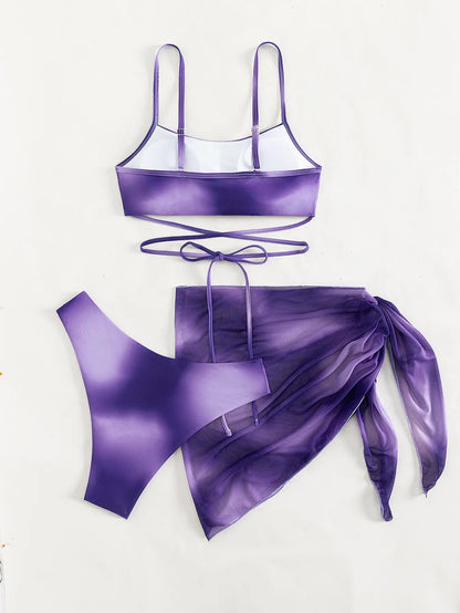 3 Pieces Ombre Lace Up Bikini Swimsuit & Beach Skirt Sexy Swimwear Women 2025 Bathing Swimming Swim Suit Female Summer Beachwear