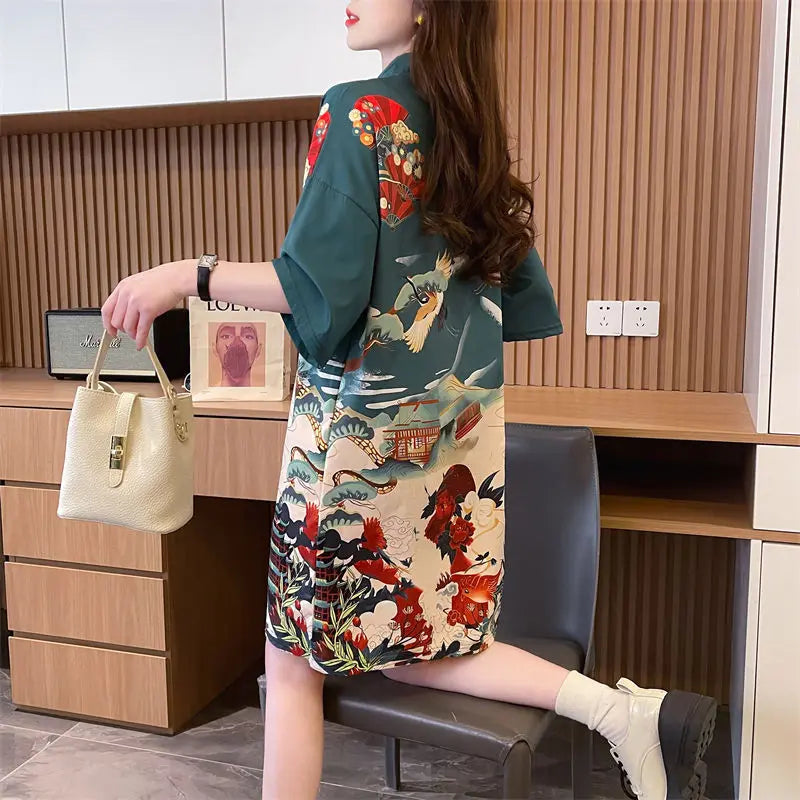 Summer Chinese Style Vintage Printing T-shirt Mini Dress Ladies Short Sleeve Loose Casual A-line Robe Women Stand Collar Vestido
