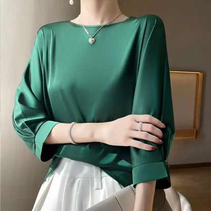 2025 New In Summer Satin Silk Half-Sleeve Tee Tops Basic Solid Women‘s T-Shirt Casual O-neck Thin Shirts Ladies Loose Blouses