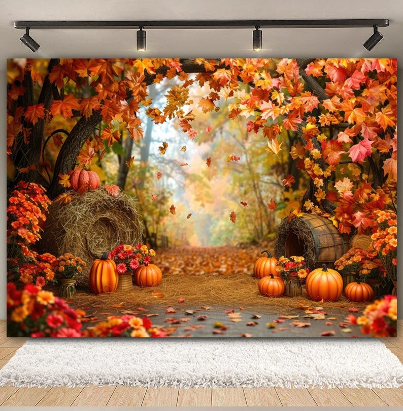 Autumn Backdrop Maple Pumpkin Maple Leaves Forest Haystack Harvest Thanksgiving Baby Portrait Photography Background Photobooth
