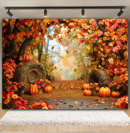 Autumn Backdrop Maple Pumpkin Maple Leaves Forest Haystack Harvest Thanksgiving Baby Portrait Photography Background Photobooth