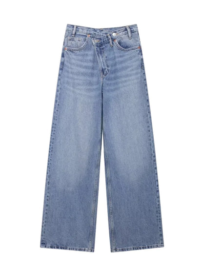 TRAF Women's Basic Hundred Jeans New Fashion Asymmetric Design High Waist Wide Leg Trousers Casual Women's Straight Leg Jeans