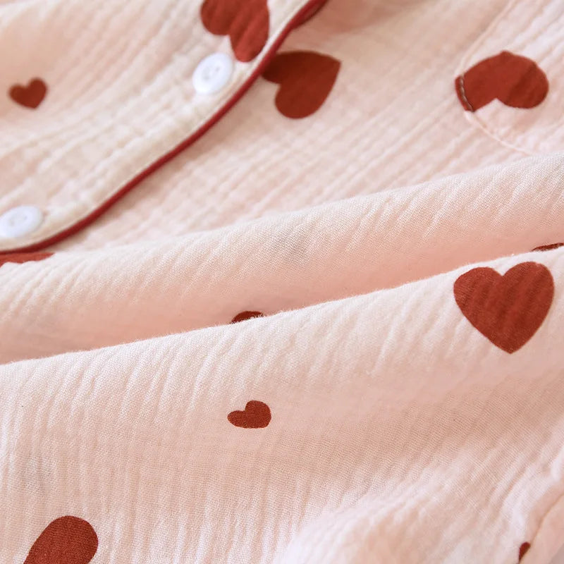 2025 New Spring and Autumn Women's Pajama Set 100% Cotton Crepe Long Sleeve Long Pants Two Piece Set Love Sweet Home Clothes