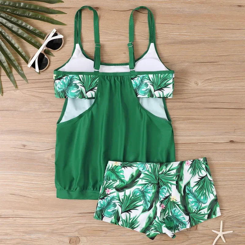 Women's Sexy Slim fit printed suspenders slit boxer shorts bikini plus size swimsuit two piece comfortable pretty swimwear swims