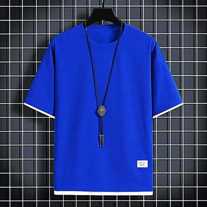 1pcs Men Summer T-Shirt Man Short Sleeved Waffle Solid T-Shirt Male Solid Color Casual Tee Round Men's Round Neck Fashion Top
