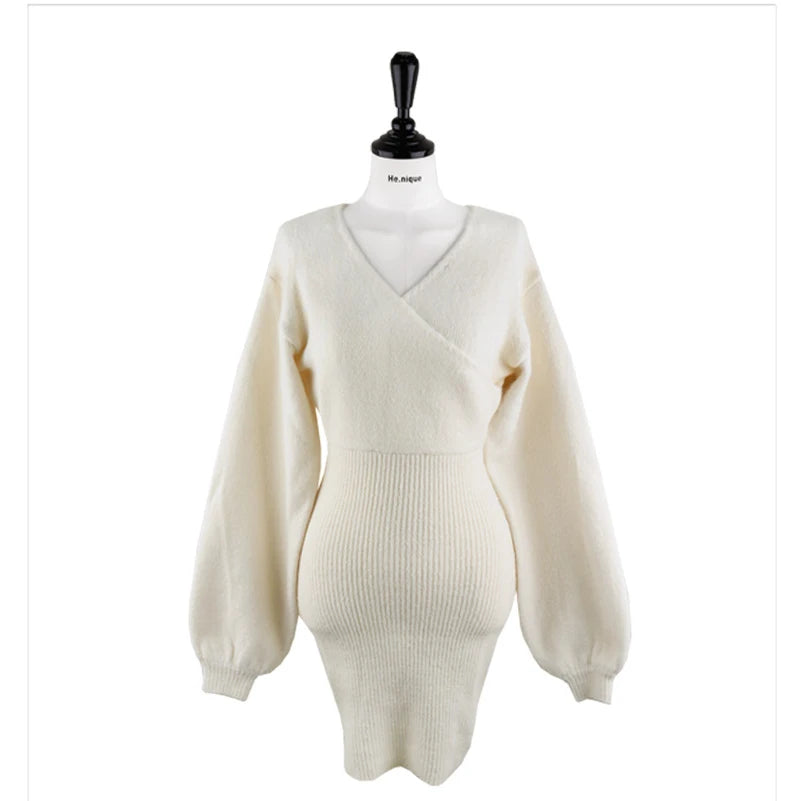 2023 Spring Autumn Sexy Cross V-neck Wrap Hip Dresses Women's Knitted Sweater Dress Fashion Tight Short Dress